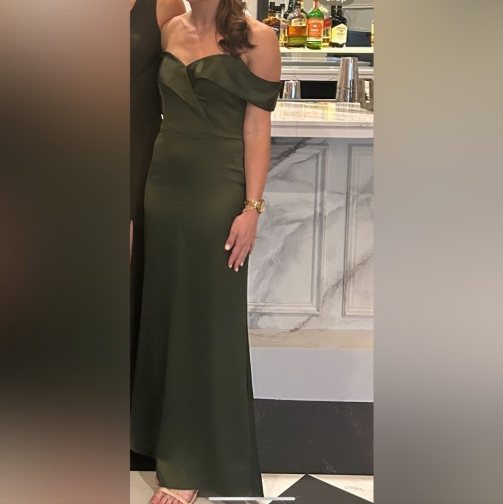 Revelry Elegant Olive Green Bardot Off-Shoulder Bridesmaid Dress. Size 6 - Picture 2 of 9